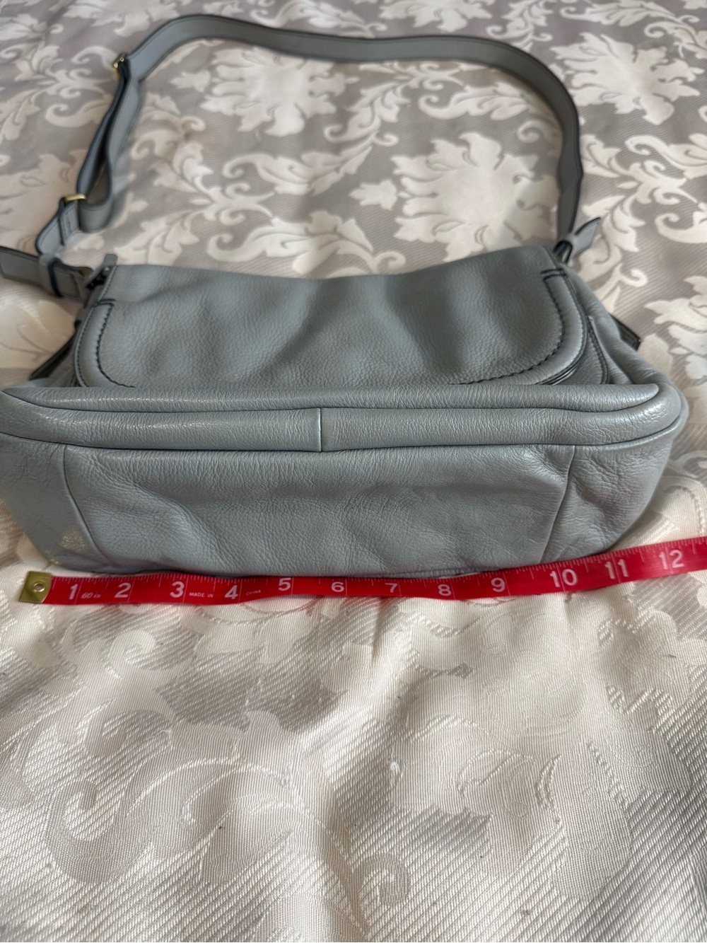 Fossil Peyton Double Flap Gray Leather Crossbody Shoulder Signature Key Charm - Picture 7 of 15